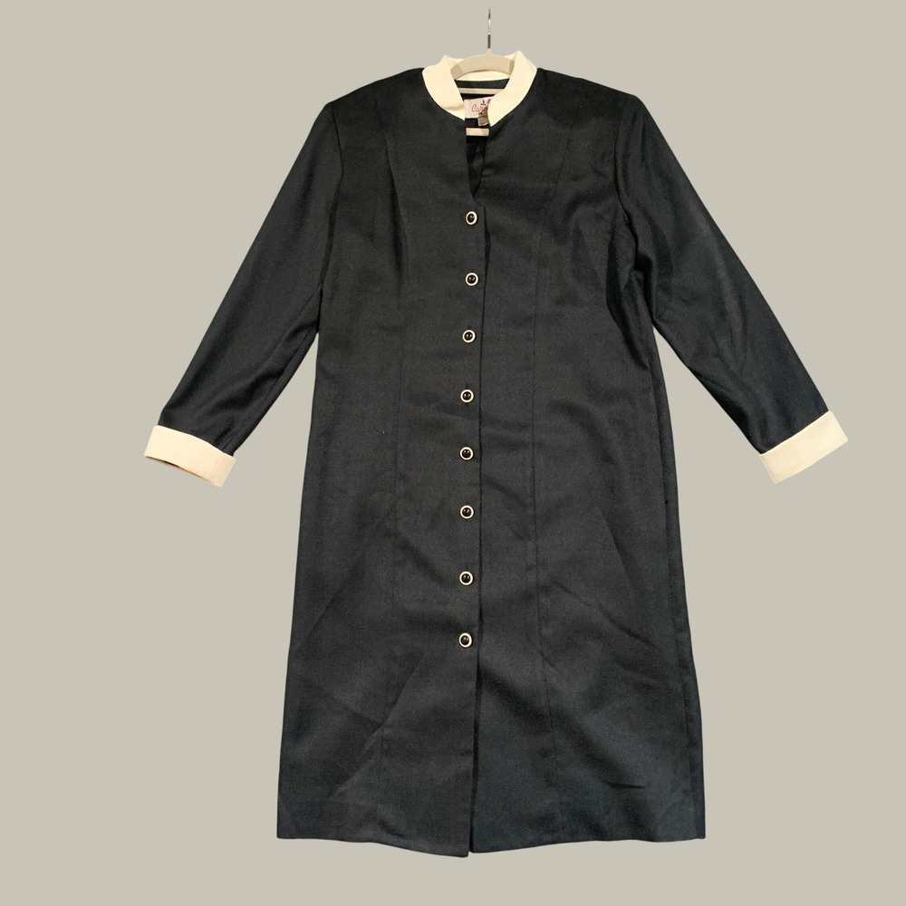 Caron Chicago Button Front Dress Womens 14 Black White Mod Vintage 60s 70s Crepe